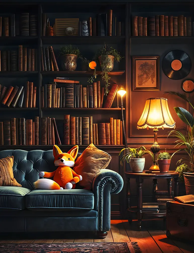 A living room with a couch and a stuffed animal