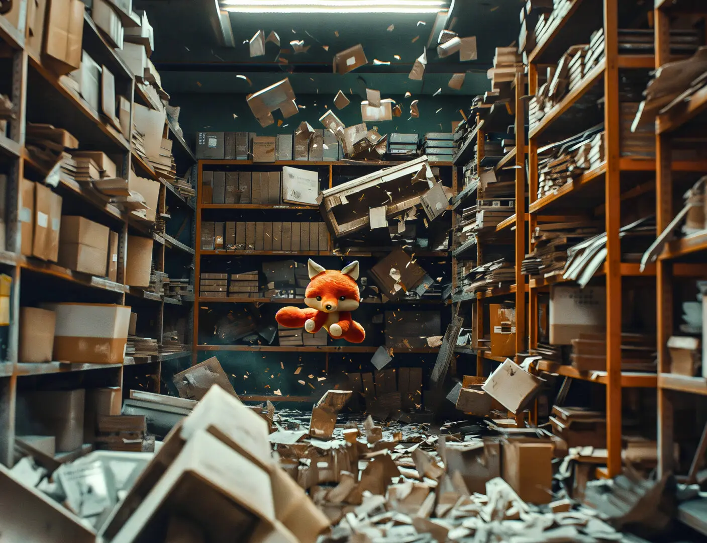 A stuffed animal is in the middle of a warehouse.